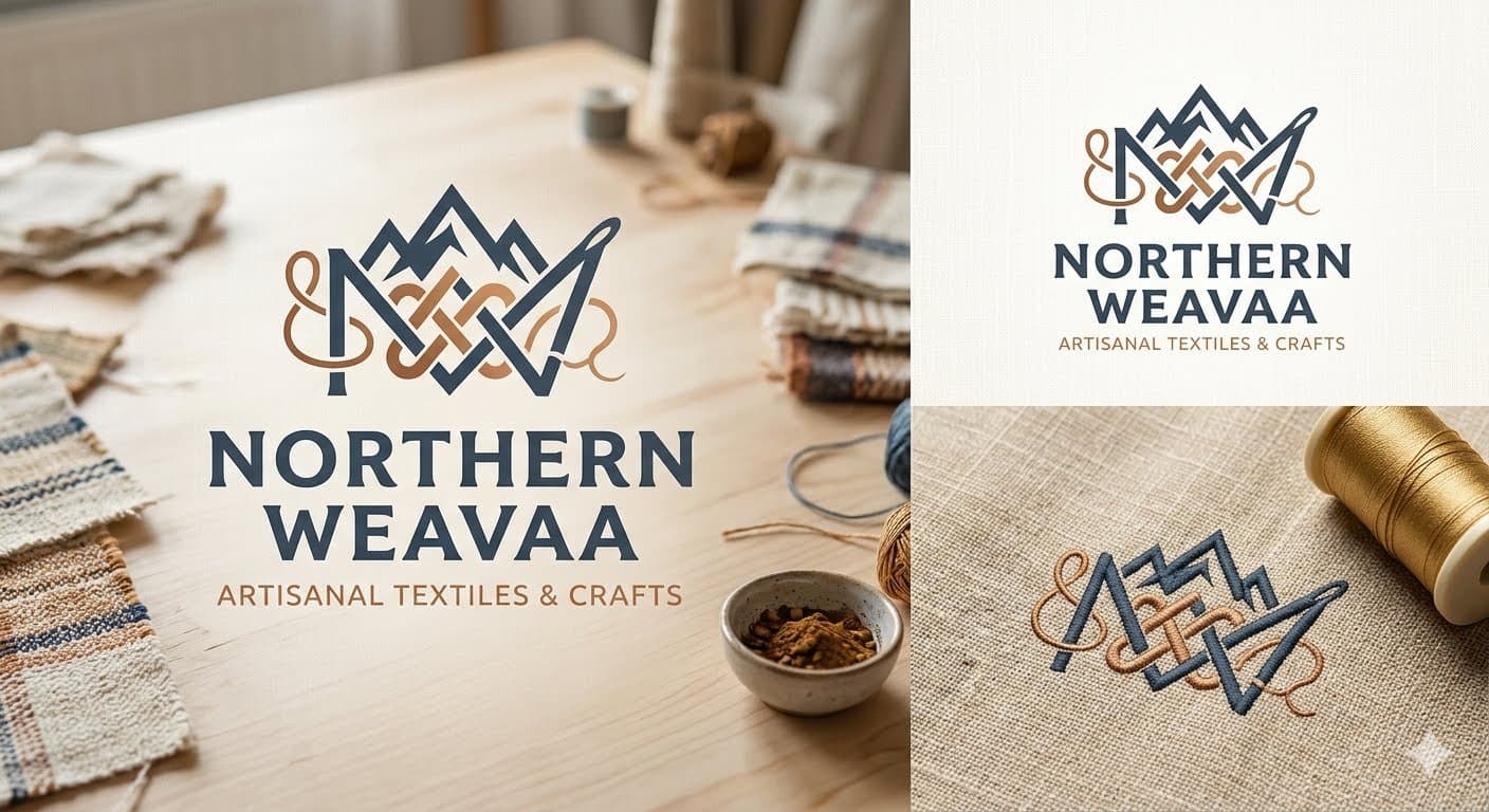 Northern Weavaa logo displayed as a composite graphic featuring a wood-grain workspace backdrop, a clean white-background logo mark, and an embroidered textile application.