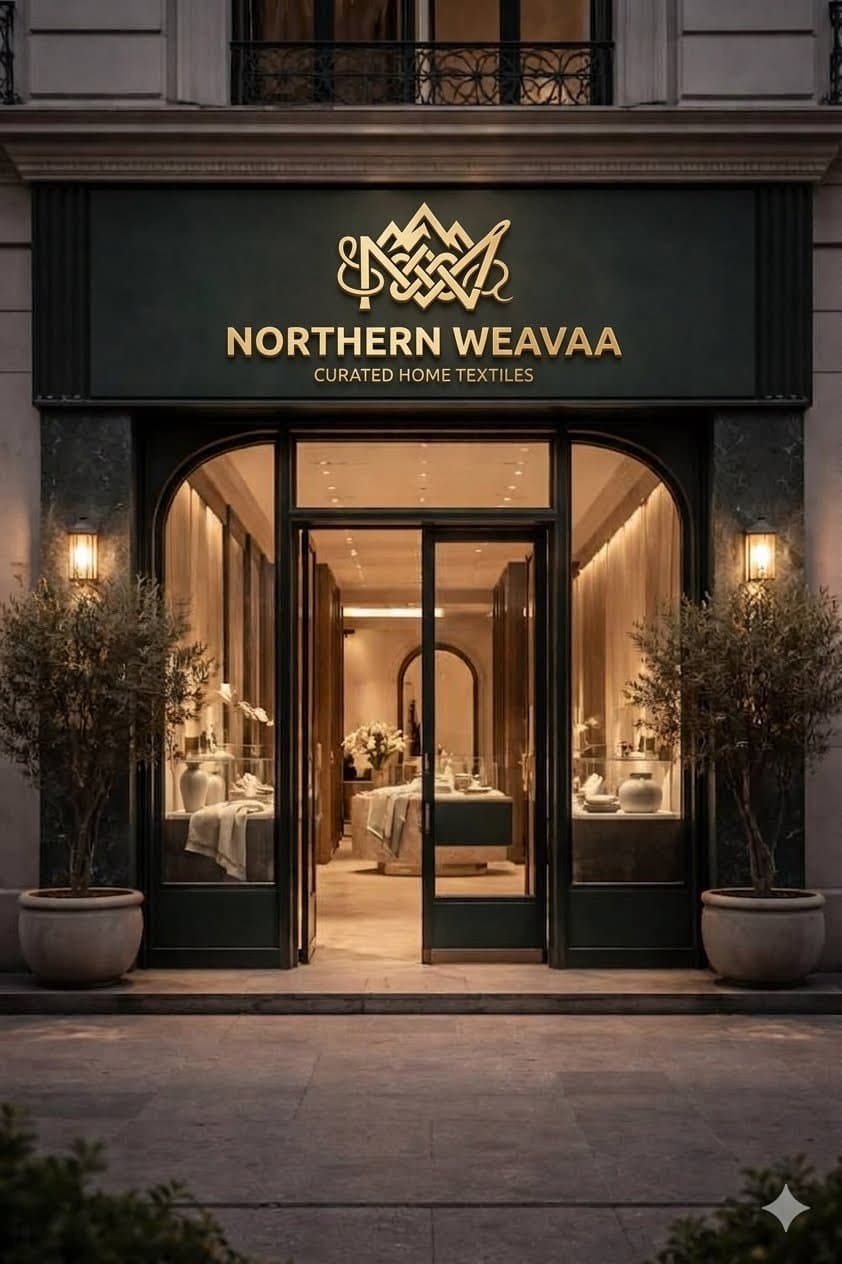 Northern Weavaa storefront featuring a dark green facade, gold signage, and symmetrical potted trees flanking the arched glass entrance.